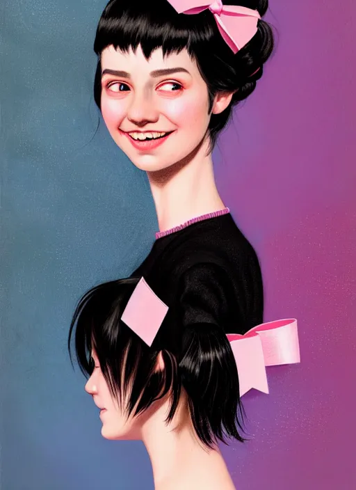 Image similar to portrait of high school girl, realistic, black hair, bangs, half updo hairstyle, pointy nose, skinny, smile, ugly, defined jawline, big chin, pink hair bow, earrings, intricate, elegant, glowing lights, highly detailed, digital painting, artstation, sharp focus, illustration, art by wlop, mars ravelo and greg rutkowski