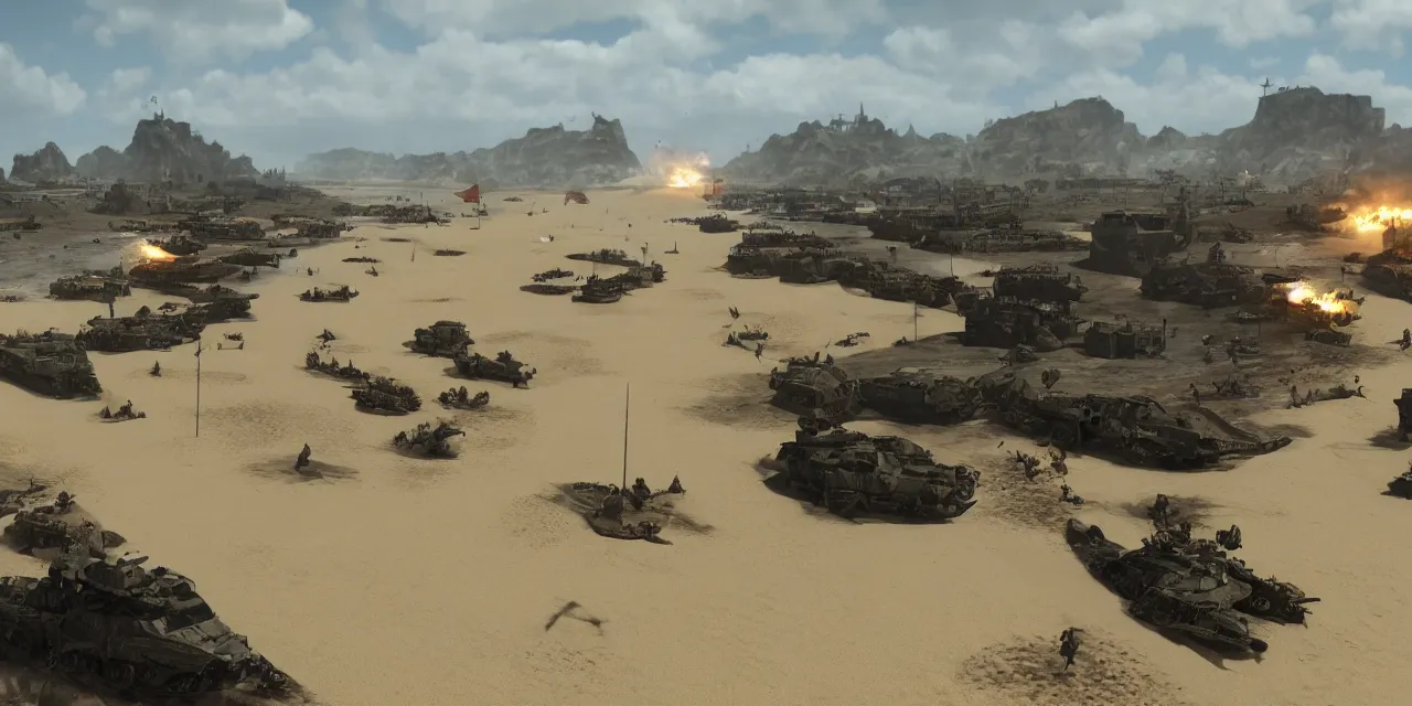 Image similar to fantasy d-day beach landing, realistic, explosions, cinematic, dragons, unreal engine