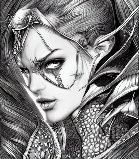 Image similar to hyper detailed comic illustration of a Elfpunk Poison Ivy ,tall, fair skin, curvaceous, gorgeous face, by artgerm, intricate details, low angle fish eye lens