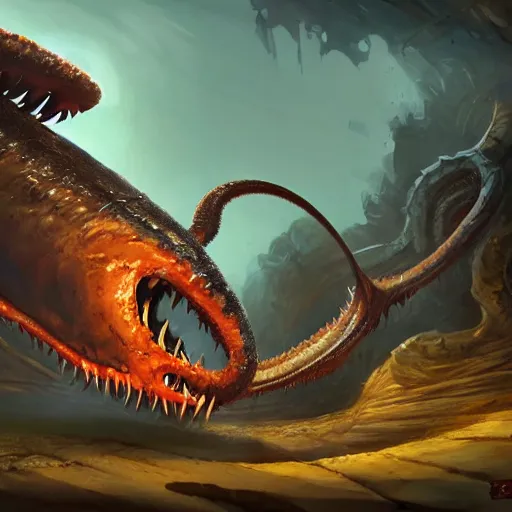 Prompt: a giant earthworm, worm monster, worm mouth, rock and dust, earthworm brown theme, bright art masterpiece artstation. 8 k, sharp high quality artwork in style of jose daniel cabrera pena and greg rutkowski, concept art by tooth wu, blizzard warcraft artwork, hearthstone card game artwork, earthworm rising from the ground