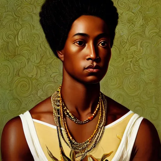 Image similar to A portrait of a thin trendy and gorgeous non-binary person, dark skin tone, Maori people, oil painting by Kehinde Wiley, majestic, detailed, high resolution