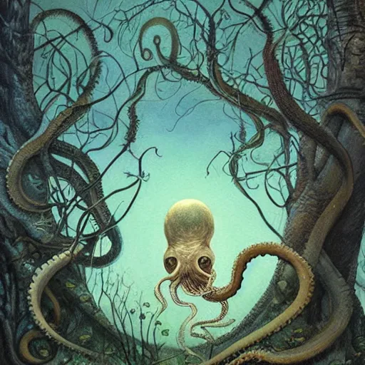 Prompt: a painting of an octopus in the woods, a storybook illustration by Daniel Merriam, featured on deviantart, fantasy art, lovecraftian, storybook illustration, biomorphic