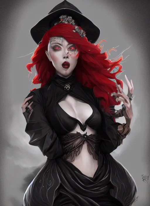 Image similar to a highly detailed illustration of red haired lady wearing black noir dress and black sun hat, dramatic singing pose, intricate, elegant, highly detailed, centered, digital painting, artstation, concept art, smooth, sharp focus, league of legends concept art, wlop.