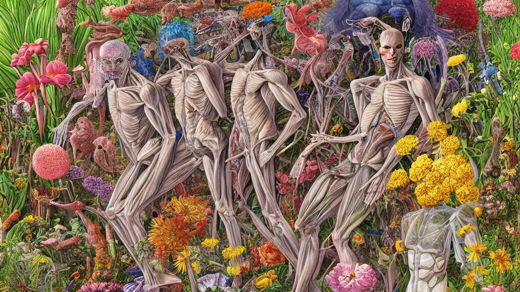 Image similar to highly detailed illustration of human anatomy surrounded by all the known species of flowers by juan gatti!!, by gottfried bammes, by moebius!, by george bridgman, by oliver vernon, by joseph moncada, by damon soule, by manabu ikeda, by kyle hotz, by dan mumford, by kilian eng