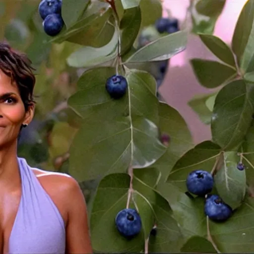 Image similar to halle berry popping out of a giant blueberry