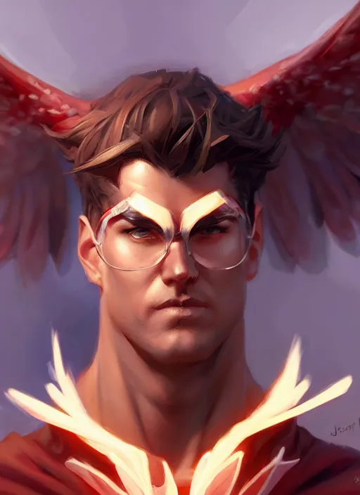 Image similar to character art by wlop, steve henderson, and j scott campbell, gooseman, male hero, goose head, wings, 4 k, arstation, trending, high quality, very detailed, digital