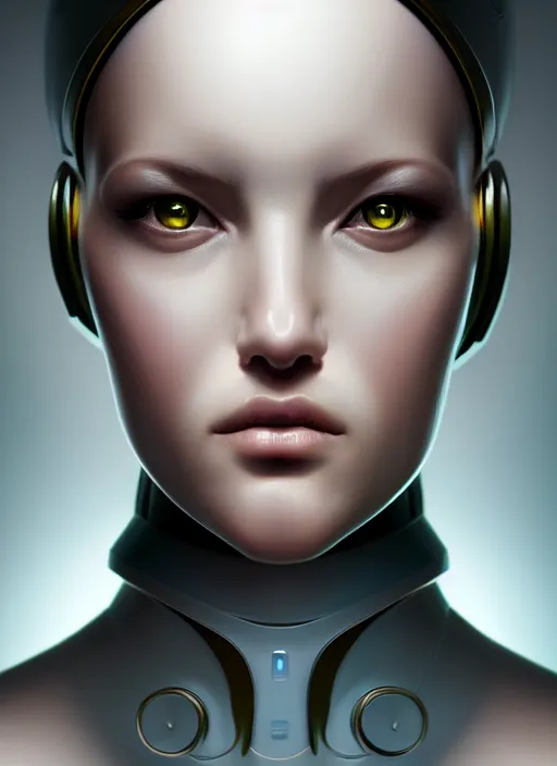 Image similar to portrait of female android, symmetry, intricate, elegant, highly detailed, smooth, sharp focus, concept art, digital painting, illustration, artstation, by fra angelico and greg ruthkowski