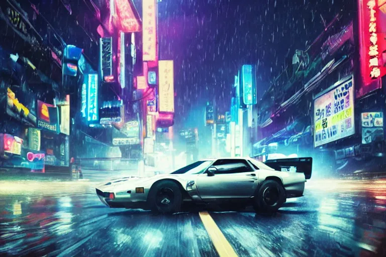 Prompt: a single trans am, speeding down tokyo highway in the rain, night time, neon lights, thunderstorm, movie still from the movie bladerunner 2 0 4 9