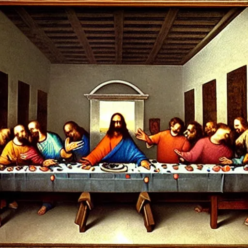 Prompt: the cast of What we do in the shadows in the painting of the last supper by leonard da vinci