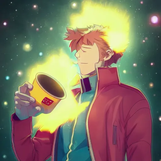 Image similar to A man drinking a cup of cosmic energy bright light, illustration, anime style, Artgerm, 4k, digital art, surreal, anime style, space dandy style, highly detailed, godsend, artstation, digital painting, concept art, smooth, sharp focus,