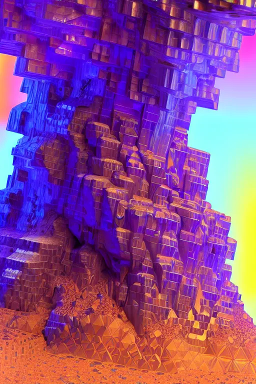 Prompt: concept art of totally fractal bismuth mineral giant golem : : shiny rainbow bismuth fractalization patterns : : extremely high details, masterpiece, photorealistic, hyperrealism, vray, octane render, volumetric lighting, depth of field, bokeh, artstation, cgsociety by elyse graham, johannen voss, greg broadmore