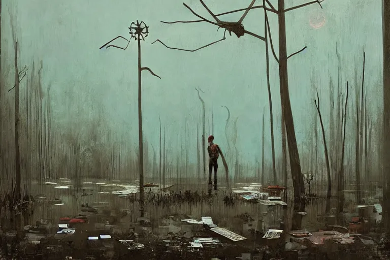 Image similar to scene from louisiana swamps, old protestant church with neon satanic pentagram, junkyard by the road, boy scout troop, voodoo artwork by tim eitel