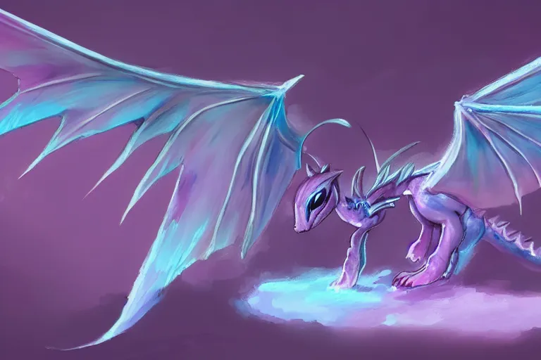 Image similar to full body digital illustration of a tiny baby dragon with iridescent wings, pastel color scheme, concept art, matte background, deviantArt, artstation, artstation HQ, HD, 4k resolution