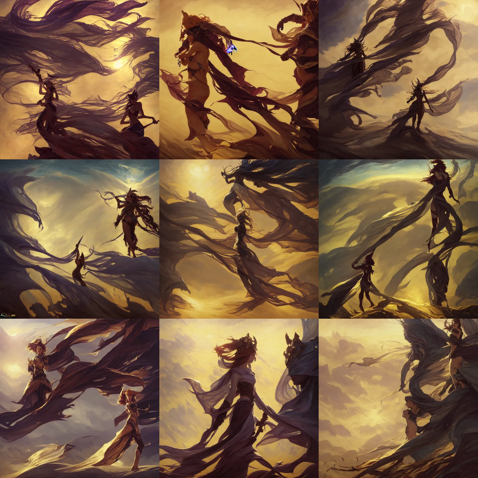 Prompt: league of legends and warframe art, big long cloth on the wind, close up portrait, elegant, intricate, digital painting, artstation, concept art, golden hour, epic composition, smooth, sharp focus, furry, illustration, art by ed mell and Daniel F. Gerhartz and Jacek Malczewski and gustav klimt, Tibor Nagy