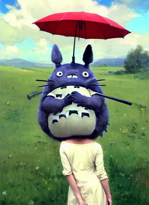 Prompt: portrait of adorable life size Totoro with umbrella, countryside near forest, calm, fantasy character portrait, dynamic pose, above view, sunny day, thunder clouds in the sky, artwork by Jeremy Lipkin and Giuseppe Dangelico Pino and Michael Garmash and Rob Rey, very coherent asymmetrical artwork, sharp edges, perfect face, simple form, 100mm