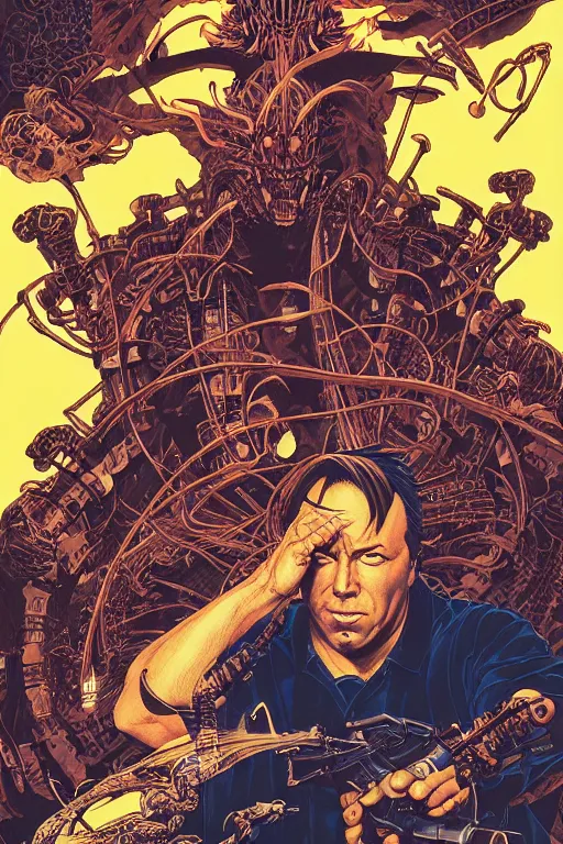 Image similar to poster of alex jones, by yoichi hatakenaka, masamune shirow, josan gonzales and dan mumford, ayami kojima, takato yamamoto, barclay shaw, karol bak, yukito kishiro