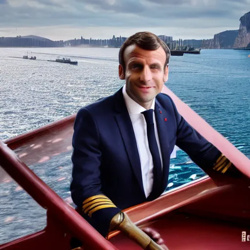 Prompt: Emmanuel Macron on a caravelle ship, dressed like 1500 ship captain, 50mm photography, high quality, 4K