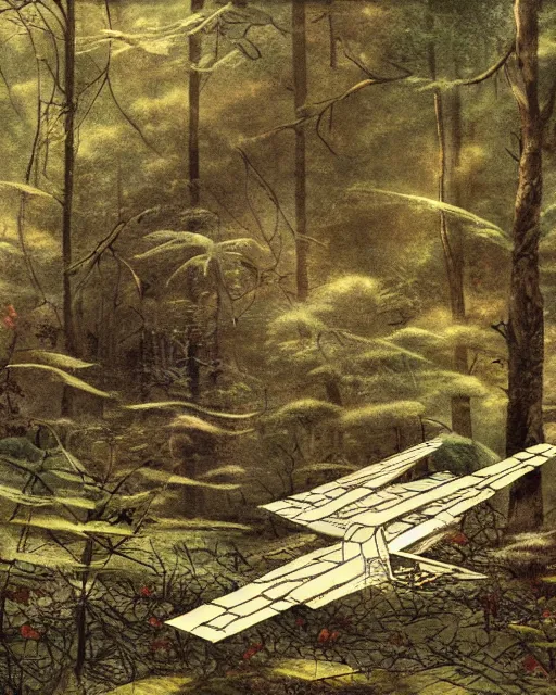 Image similar to ornithopter abandoned in a forest, illustration by hiro isono, art station