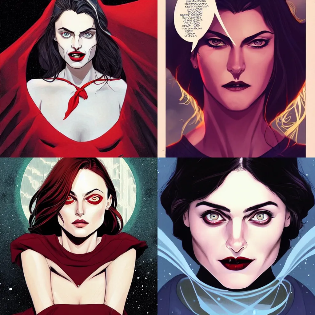 Prompt: Rafeal Albuquerque comic art, Joshua Middleton comic art, pretty female Phoebe Tonkin, vampire, fully red eyes no pupils, sharp vampire teeth, evil smile, horror, symmetrical face, symmetrical eyes, pretty white dress, short black hair, full body:: snow outside::