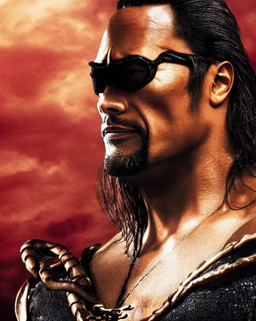 Prompt: Film still close-up shot of Dwayne Johnson as the Captain Hook from the movie Hook. Photographic, photography