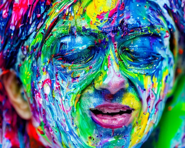 Image similar to still shot close up footage of the portrait of a human head made of acrylic pour and splashing paint and paint explosion and dripping paint and flying paint chunk, motion blur, hyperrealistic, medical, intricate art photography, anatomically correct, realistic crisp textures, 1 6 k