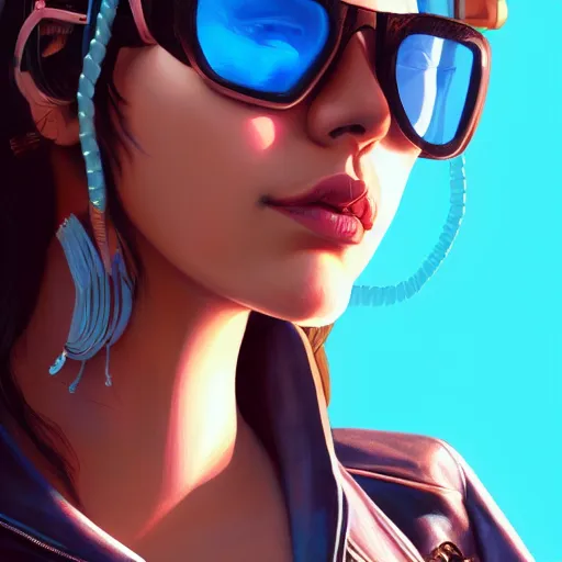 Image similar to closeup painting of a very beautiful young mexican cyberpunk woman with a smirk, wearing light blue shutter shades and a dark brown leather jacket, one side haircut, long brown hair with light blue ends, portrait, hyperdetailed, artstation, cgsociety, 8 k, synthwave by tangerine dream