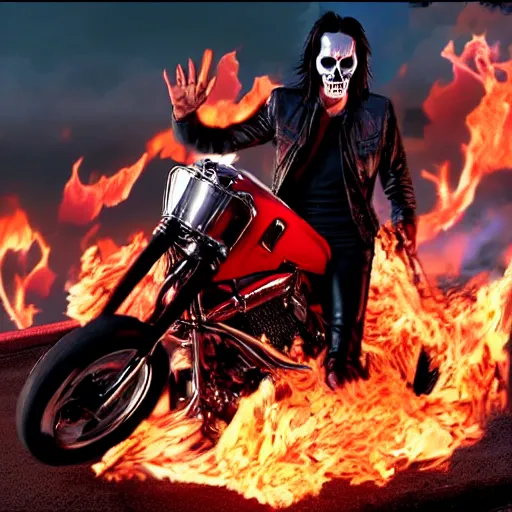 Image similar to Keanu Reeves as ghostrider Half skull on fire 4K quality Super Realistic