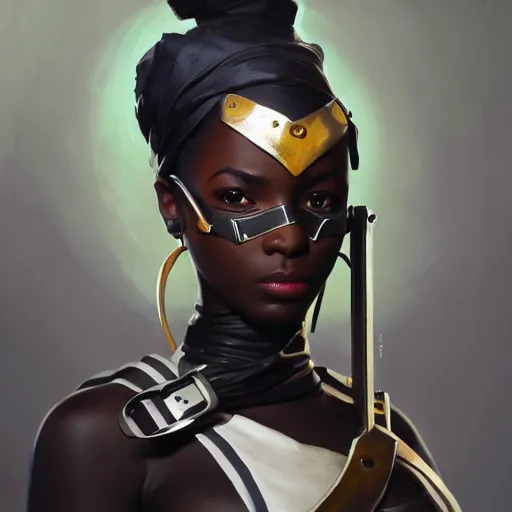 Image similar to greg manchess portrait painting of african yorha type a no. 2 as african tracy from overwatch, back shot, asymmetrical, profile picture, organic painting, sunny day, matte painting, bold shapes, hard edges, street art, trending on artstation, by huang guangjian and gil elvgren and sachin teng