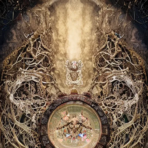 Prompt: The three moiras, dressed in robes of veils and clouds with intricate jewels and intricate branches with a biocomputer heart, on an epic intricate oroboros, behind a large and detailed sculpted astrolabe, inside a cave with intricate biomechanical flowers, dramatic atmosphere, Diffused lighting, highly detailed digital art, trending on artstation, depth of field