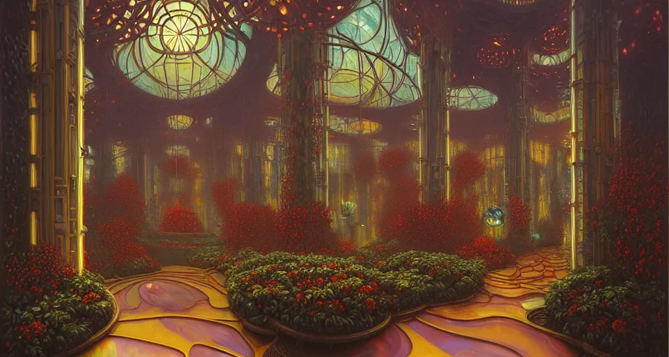 Prompt: a minimalist 3 d fractal oil painting by donato giancola, warm coloured, cinematic scifi bioluminescent luxurious futuristic foggy steam filled victorian garden circular shopping mall interior with microscopy minimalist stained glass flowers growing out of pretty bulbous ceramic fountains, gigantic pillars and flowers, maschinen krieger, beeple, star trek, star wars