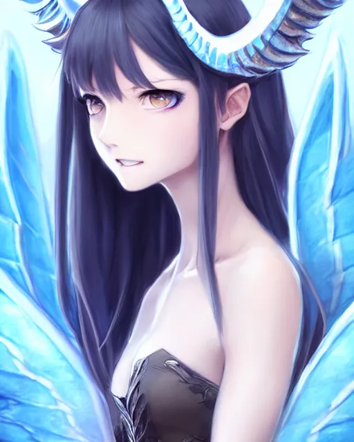 Prompt: character concept art of a girl with ice dragon horns and wings | | very anime, dragon scales, cute - fine - face, pretty face, realistic shaded perfect face, fine details by stanley artgerm lau, wlop, rossdraws, james jean, andrei riabovitchev, marc simonetti, and sakimichan, tranding on artstation