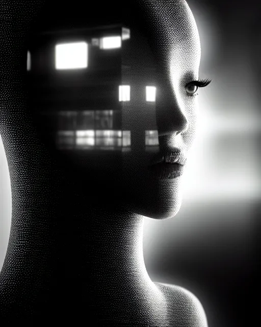 Image similar to black and white high quality photo of a beautiful female human-cyborg looking into a sci-fi mirror, volumetric lighting, liminal space, brutalism, foggy, dreamy, hyperdetailed, bokeh, photorealistic, cinematic, masterpiece, Metropolis, elegant, dark, octane render, 8K, in the style of H.R. Giger