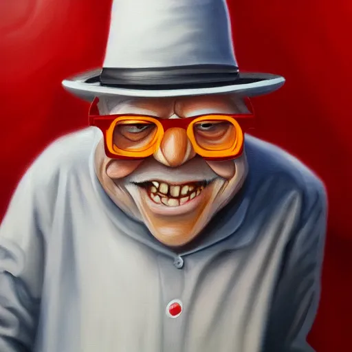 Prompt: an airbrush painting of a witty old gentleman in a hat, smiling with red brim glasses, trending on art station