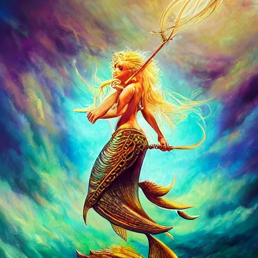 Image similar to warrior sea merfolk goddess full frame casting a spell, beautiful composition, wide angle, colorful, cinematic, volumetric lighting, intricate details painting