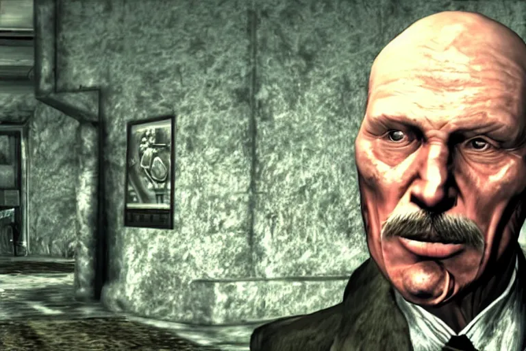 Image similar to Close up screenshot of Janusz Korwin-Mikke centered on his face in the game Fallout: New Vegas (2010), screenshot of a dialog from Fallout: New Vegas (2010)