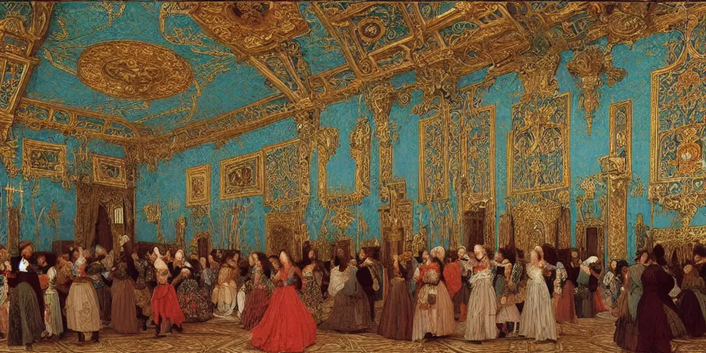 Prompt: masterpiece of intricately detailed medieval baroque grand ball room teal decorations elaborate large room by william morris ford madox brown william powell frith frederic leighton john william waterhouse hildebrandt