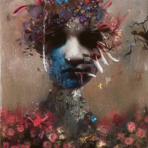 Prompt: hyperrealism, cyberpunk girl, wrapped in flowers and wired in the style of gerhard richter, by barry lyndon ultra detailed high resolution, deep colors, beksinski painting, - h 7 6 8