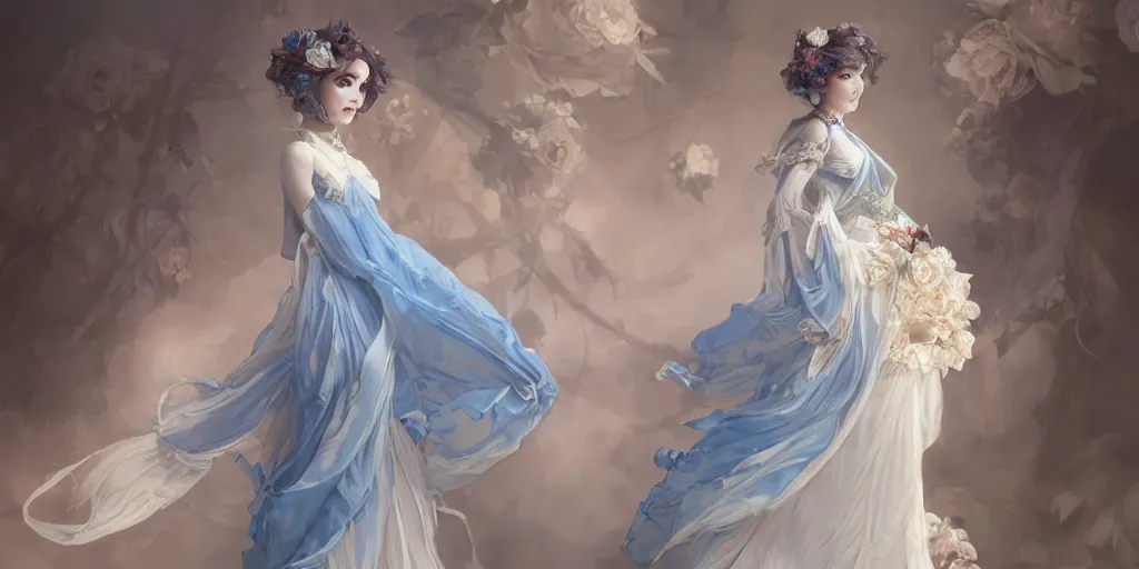 Prompt: lonley lady dressed in a vaporous wrapped large victorian intricate majestic cream roses silk semi-transparent blue and cream dress fashion is running D&D, fantasy, intricate, elegant, highly detailed, digital painting, artstation, concept art, matte, sharp focus, illustration, art by Artgerm and Greg Rutkowski and Alphonse Mucha