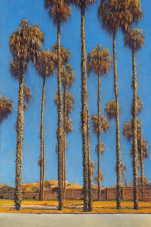 Image similar to southern california palm trees! empty parking lot painted by beksinski