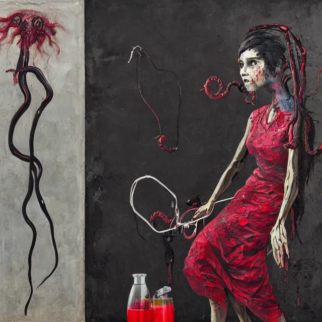 Image similar to empty room with black walls, a portrait of a female pathologist holding an octopus, intravenous drip, wilted flowers, pomegranate, berry juice dripping, neo - expressionism, surrealism, acrylic and spray paint and oilstick on canvas