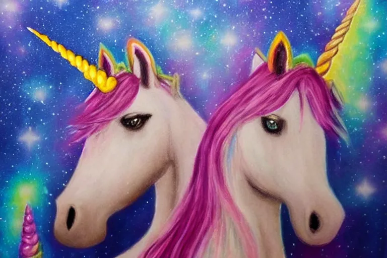Prompt: the most horrible unicorn art imaginable, airbrush, sparkles, trashy