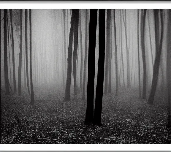 Prompt: black box by Andrei Tarkovsky, mist, forest, lomography effect, photo, monochrome, photo blurring, 35mm