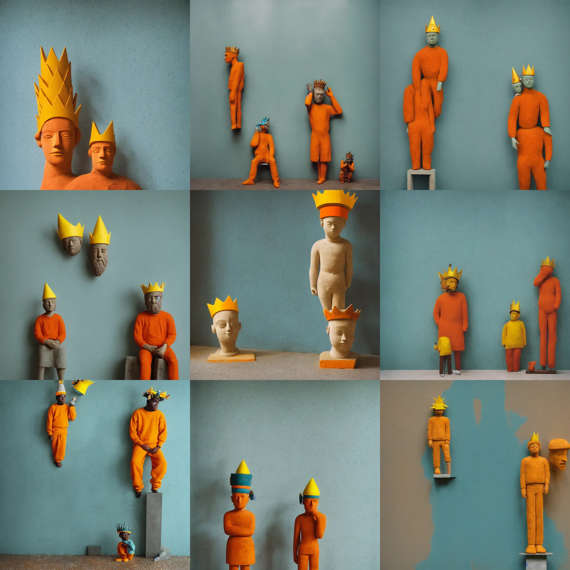 Image similar to kodak portra 4 0 0, 8 k, shot of a highly detailed, britt marling style, colour still - life portrait of a large minimalistic room, rough concrete walls, the rough carved wooden statue of a teal and orange striped little man with a yellow crown on his head, muted colours