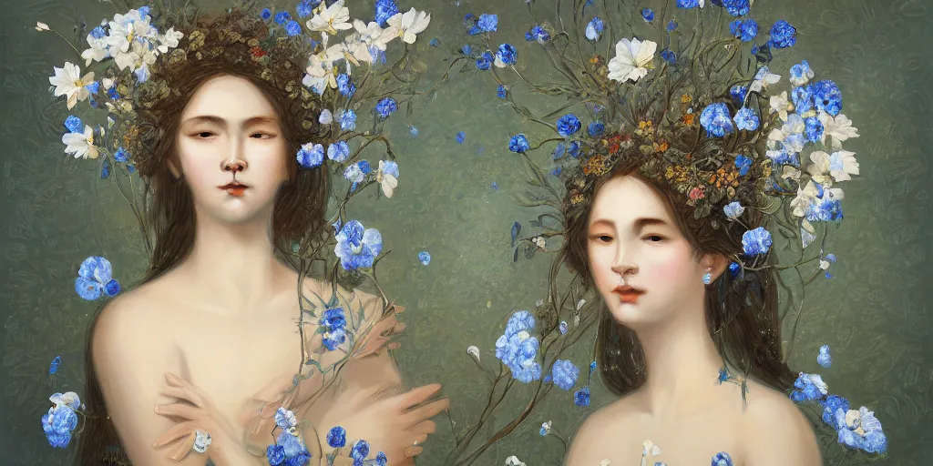 Prompt: breathtaking detailed concept art painting portrait of the goddess of nemophila flowers, orthodox saint, with anxious piercing eyes, ornate background, amalgamation of leaves and flowers, by hsiao - ron cheng, extremely moody lighting, 8 k