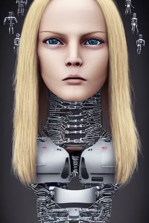 Image similar to robot with human face, female head, full body angle, woman human face, human face realistic, beautiful blonde hair, human head, human head with blonde hair, blonde hair human head, blonde hair, human realistic face, human head skin, cyborg frame concept, cyborg by ales-kotnik, sci-fi android female, the body is made of wires, robotic body, cyborg body, cyborg bust body, robot body cyborg, full body