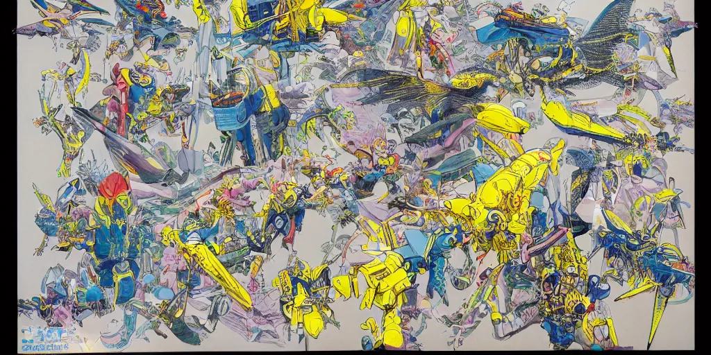 Image similar to risograph rendition, gigantic mecha arzach birds with dragonflies, tiny rats, yellow colors, a lot of exotic animals around, big human faces everywhere, helicopters and tremendous birds, by satoshi kon and moebius, matte bright colors, surreal design, crispy, super - detailed, a lot of tiny details, fullshot