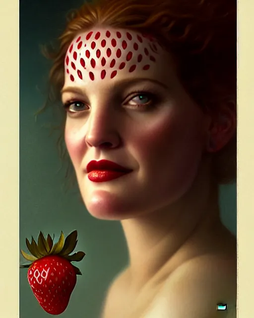 Image similar to beauty portrait, drew barrymore, strawberries, wild berries, by tom bagshaw, greg rutkowski, intricate background