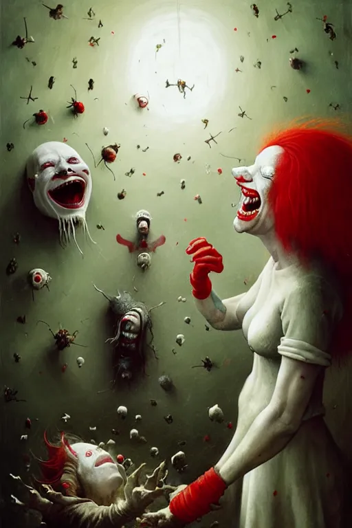 Image similar to hieronymus bosch, greg rutkowski, anna podedworna, painting of thousands of white blobs with red hair laughing at a female vampire clown in a vr headset