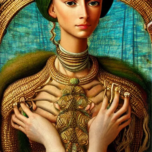 Prompt: intricate detail, hyper detail, nefertiti, lady of elche techno mystic princess intergalactica, african sybil, wearing labradorite body armor, hazel green eyes, teal eyebrows, with neon aqua rapunzel dreadlocks, detailed, by sandro botticelli, gaston bussiere, h. r. giger, masterpiece, sharp focus,