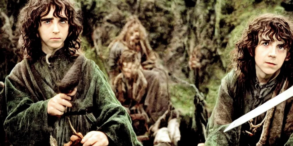 Image similar to A full color still of young George Harrison in Hobbit makeup and costume, in The Lord of the Rings directed by Stanley Kubrick,